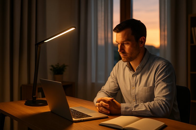 Man working at dusk with lamp on