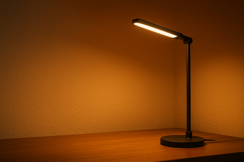 Dimmable LED desk lamp set to a soft, warm glow in the evening, signifying the end of the workday