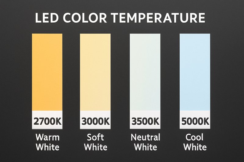 Comparison chart showing different LED color temperatures from warm to cool white