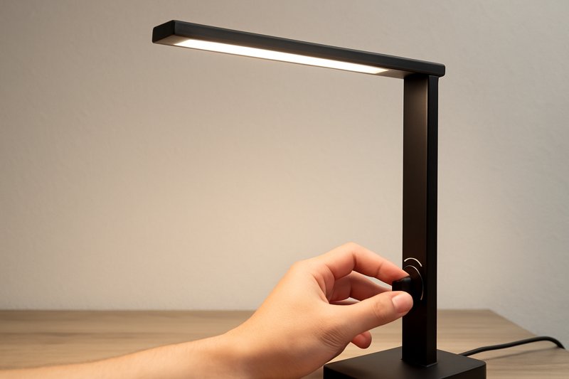 LED desk lamp with a hand adjusting its dimmer switch, showcasing brightness changes