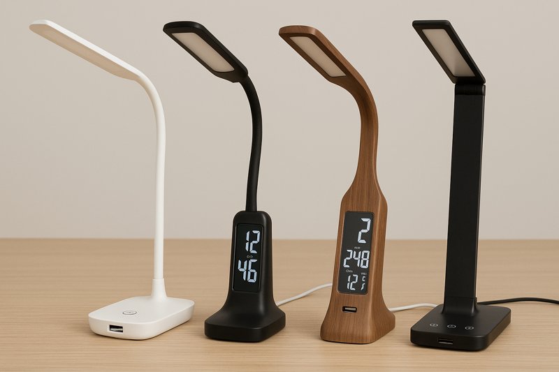 Close-up of different USB LED desk lamps side-by-side, highlighting different features like ports, displays, and materials