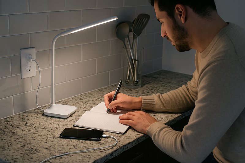 Person using a USB LED desk lamp in a non-traditional setting like a kitchen counter, powered by a small USB adapter