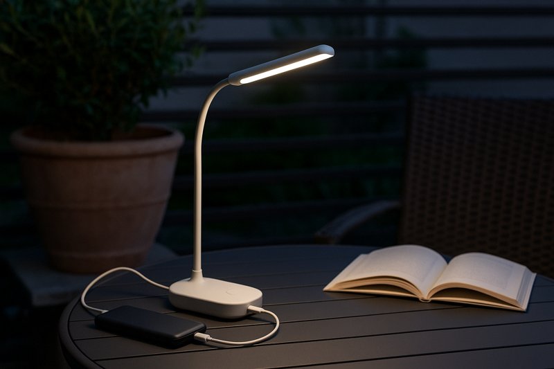 USB LED desk lamp being powered by a power bank in an outdoor setting like a patio table