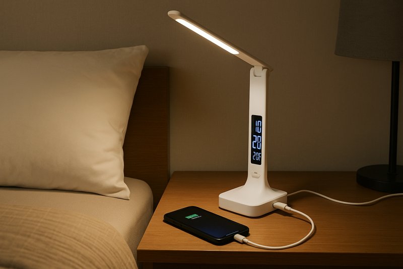 A USB LED desk lamp on a nightstand, showing its USB port charging a phone and its display showing the time