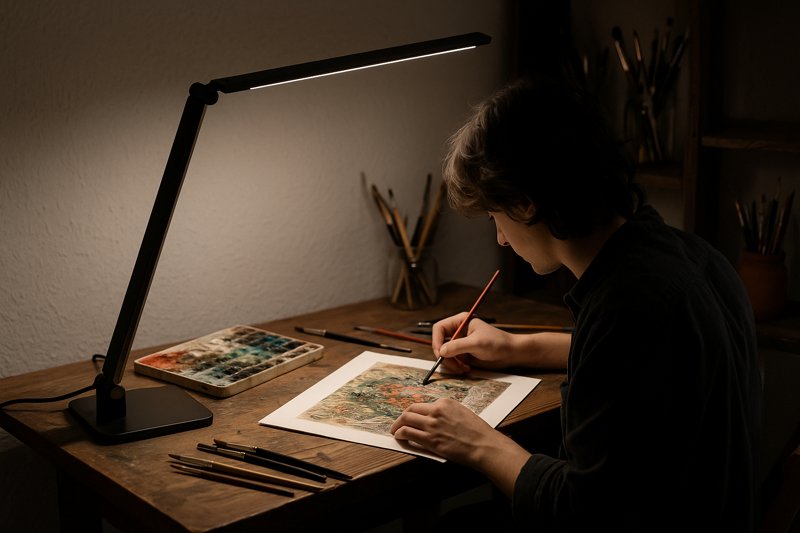 Artist's workbench with a high-CRI LED desk lamp illuminating a detailed painting or craft