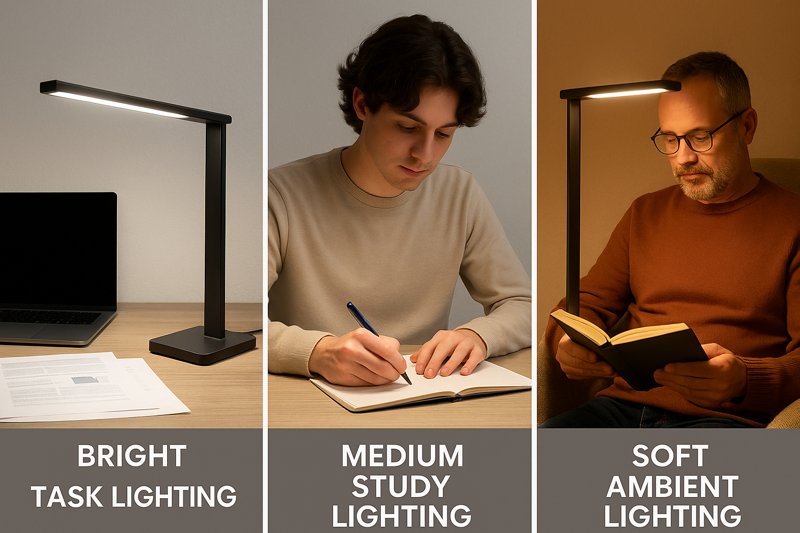 Collage showing a dimmable LED lamp used for bright task work, medium study light, and soft ambient reading light