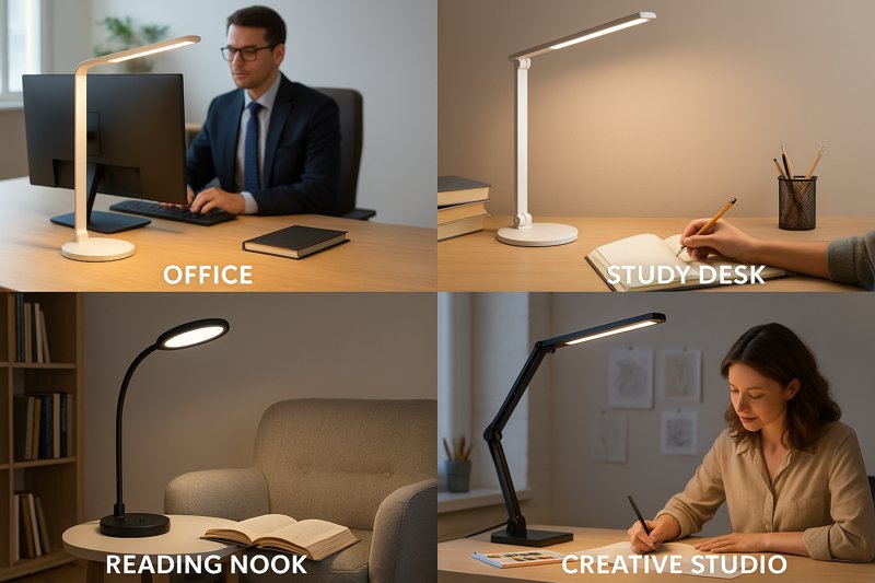 Collage of LED desk lamps in various settings: office, study desk, reading nook, creative studio