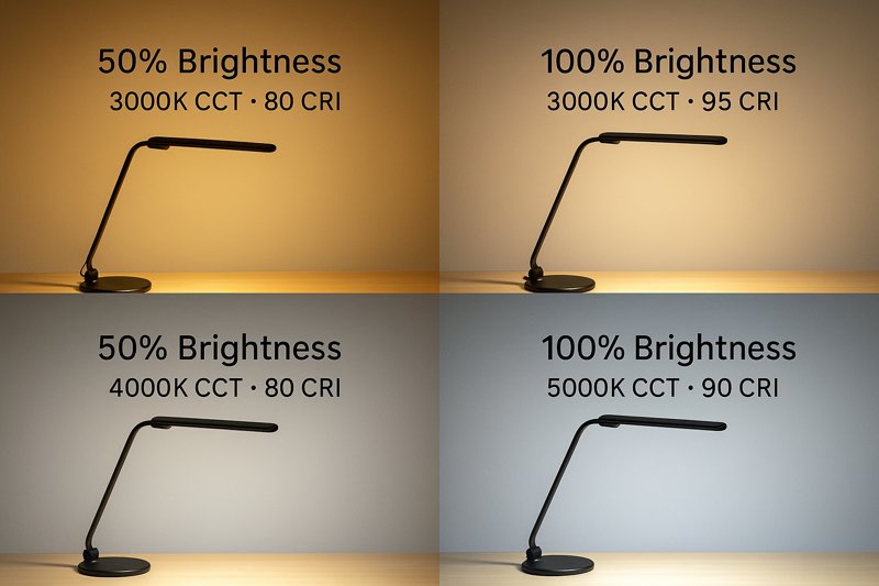 Comparison of different brightness, color temperature, and CRI effects of an LED desk lamp
