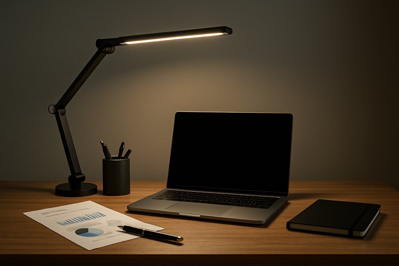 Modern office desk with an adjustable LED lamp illuminating a laptop and documents