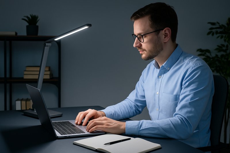Person working productively at a desk with an LED lamp set to cool white light