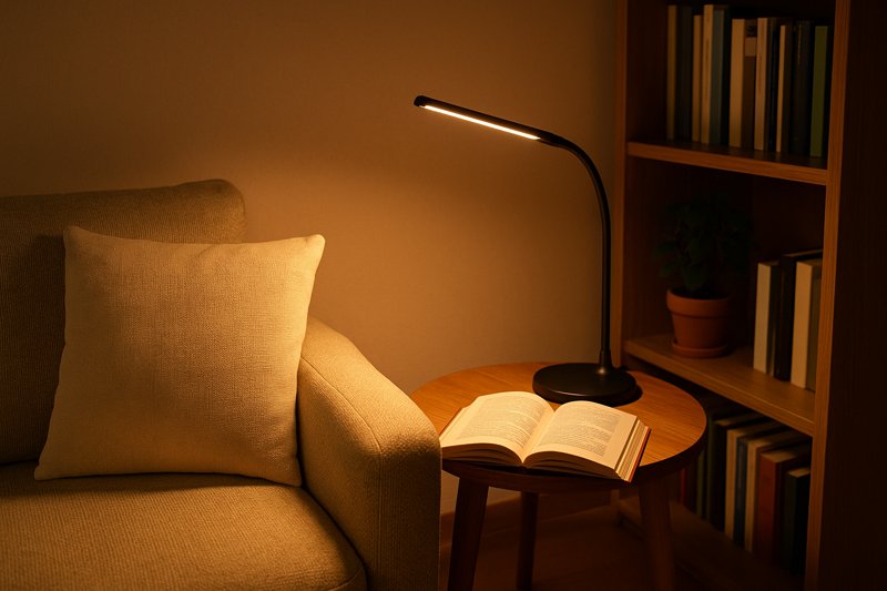 Cozy reading corner with an LED desk lamp providing warm light over an open book