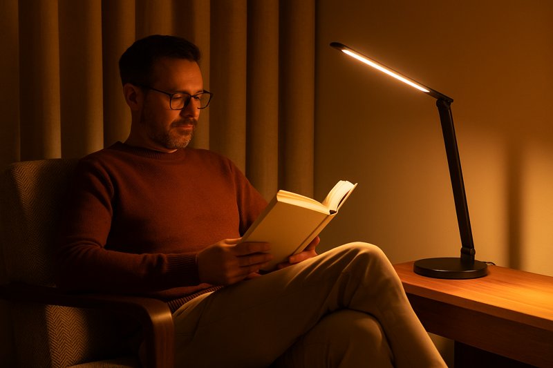 Person relaxing and reading a book in a softly lit room with a warm-toned LED desk lamp