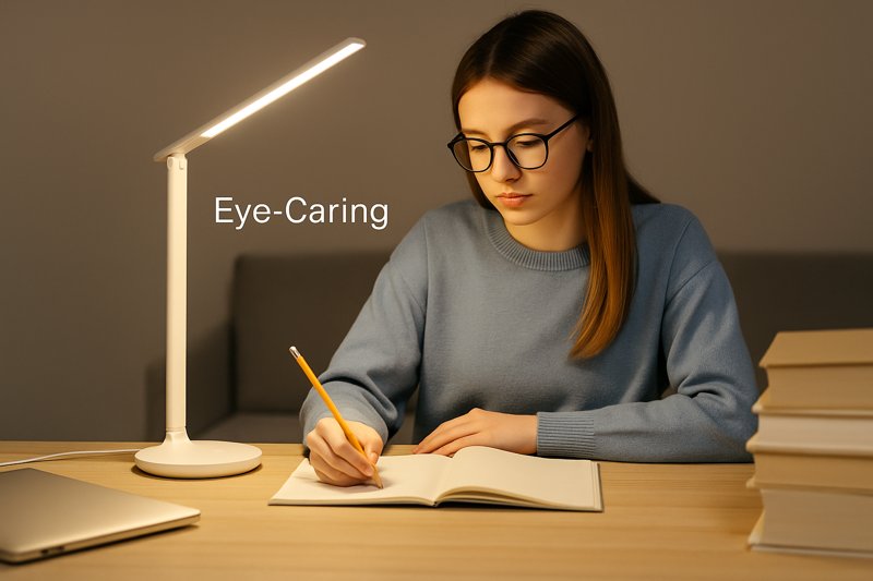 Student studying at a desk with an eye-caring, budget-friendly LED desk lamp