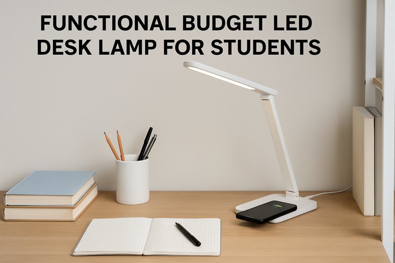Student's organized desk with a multi-functional LED lamp charging a phone