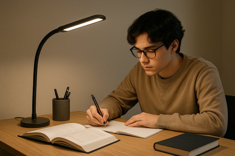 Student studying at a desk with a flexible, eye-caring LED desk lamp