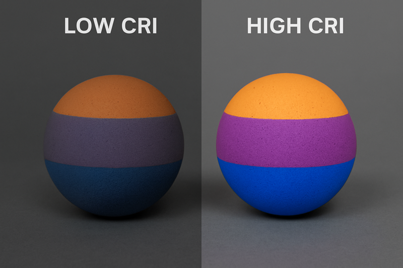 Side-by-side comparison of a colorful object under a low CRI light and a high CRI light