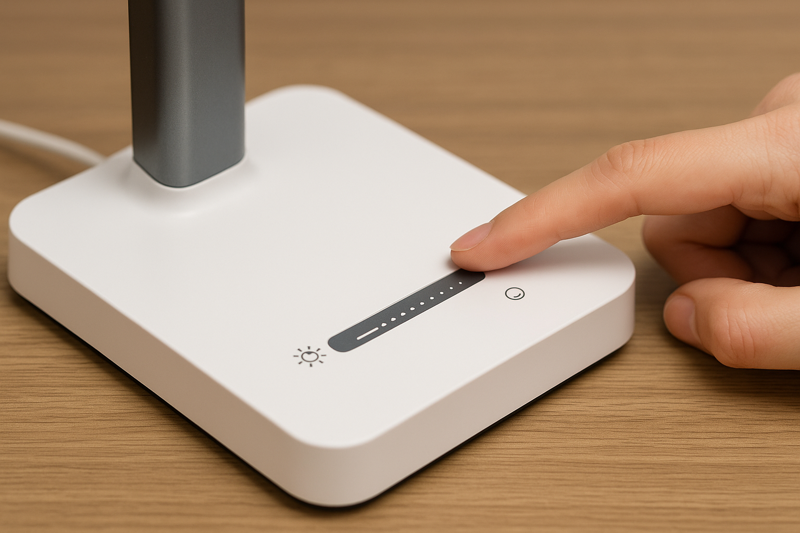 A user's finger sliding along a touch-sensitive bar on a lamp base to adjust brightness, with color temperature icons nearby
