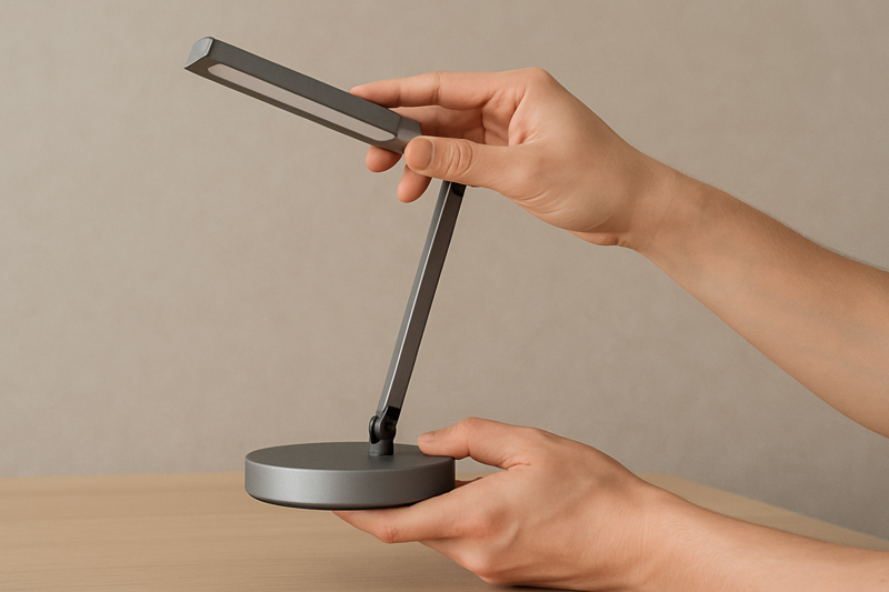 A hand correctly holding the base of a desk lamp while the other hand adjusts the angle of the light head