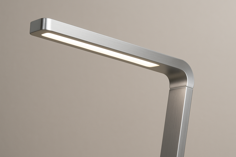 A close-up shot of a minimalist LED desk lamp made from brushed aluminum, highlighting its clean lines and metallic sheen
