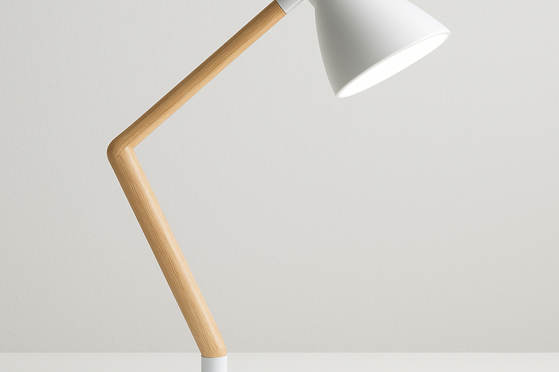 A stylish desk lamp featuring a white aluminum base and head, connected by an elegant arm made of light beech wood