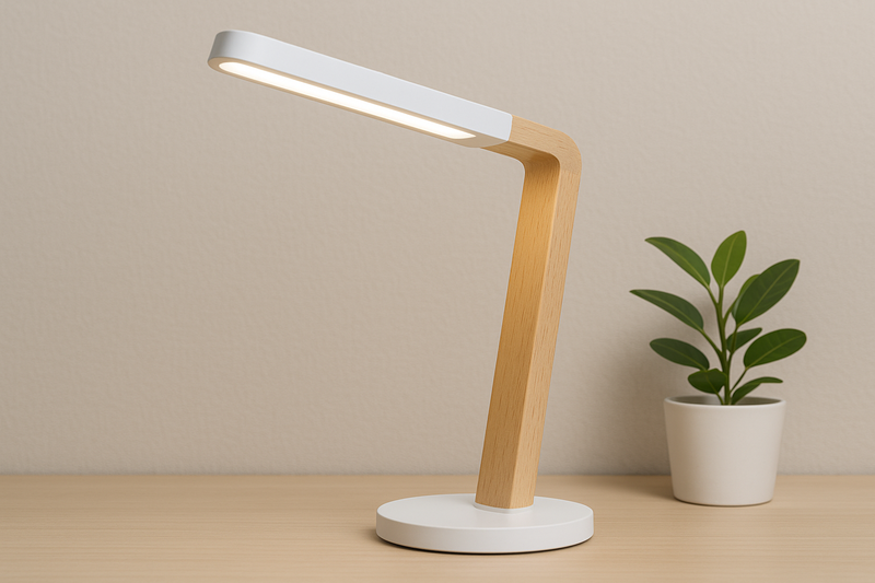 An LED desk lamp with a beautiful white beech wood arm, sitting on a desk next to a small plant