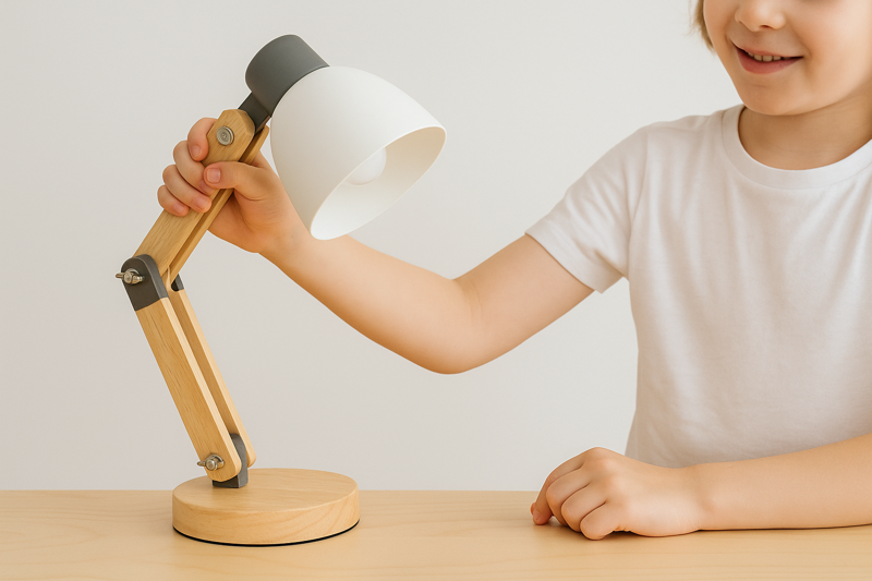 A child safely adjusting a sturdy, well-built desk lamp made from wood and metal