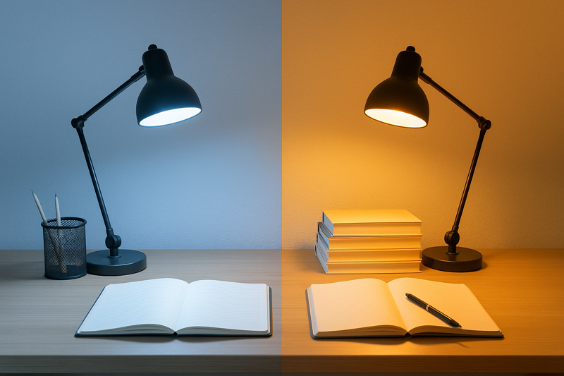 Side-by-side comparison of a desk lit by cool, blue-white light and the same desk lit by warm, yellow-white light