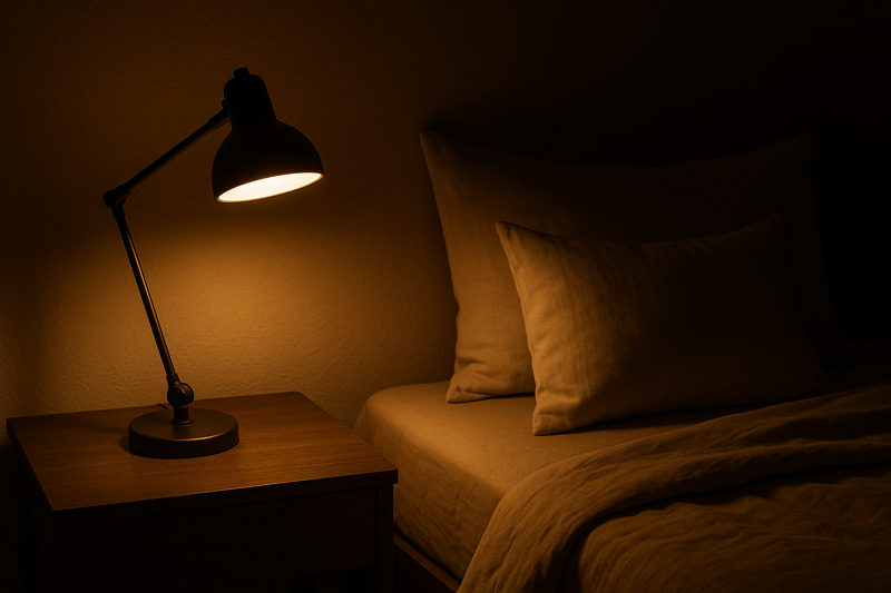 A desk lamp set to a warm, dim light in a cozy, dark room next to a bed