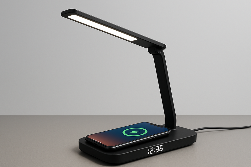 A sleek, modern desk lamp with a phone charging wirelessly on its base and an integrated clock display