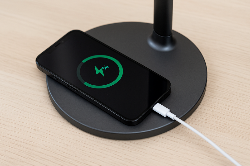 Close-up of a lamp's base charging a smartphone wirelessly, with a separate USB cable connected to its port