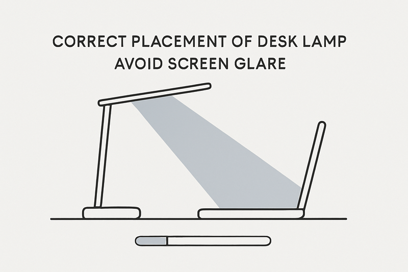 A diagram showing the correct placement of a desk lamp to the side of a laptop to avoid screen glare
