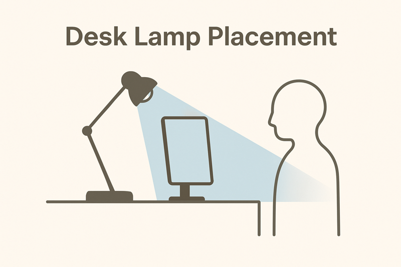 A diagram showing the correct placement of a desk lamp to the side, with the light angled onto the desk and not the user's face or screen