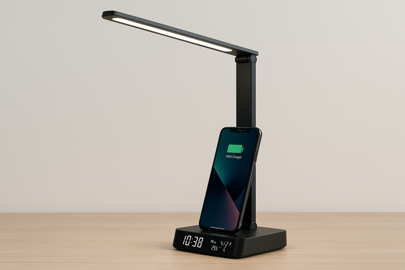 A desk lamp with a smartphone on its wireless charging base, with the lamp's digital display showing the time and date