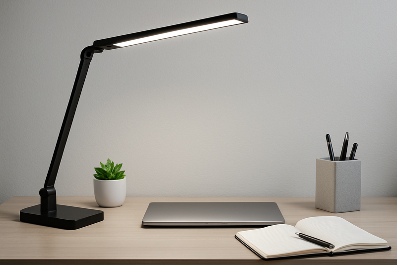 A clean and well-maintained modern LED desk lamp shining on a tidy desk, looking brand new