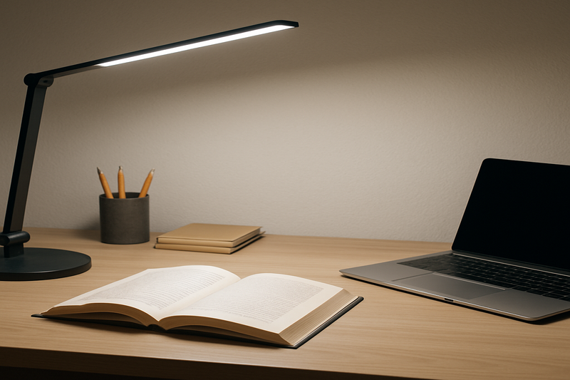 A well-lit, organized desk with an adjustable LED lamp casting a perfect pool of light on a book and laptop