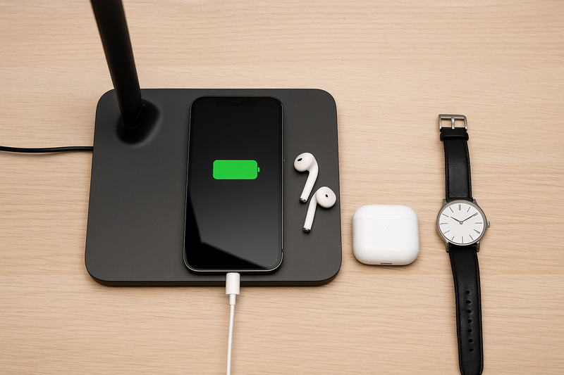 Top-down view of a desk showing a lamp base with a phone, earbuds, and watch neatly arranged on it