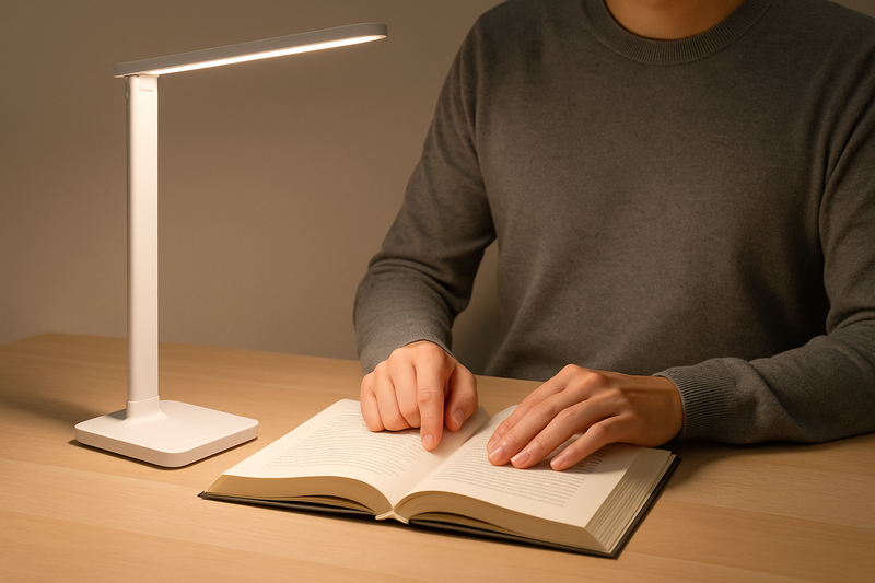 A person working comfortably at a desk, with the soft, even light from an LED lamp illuminating their book without any harsh glare