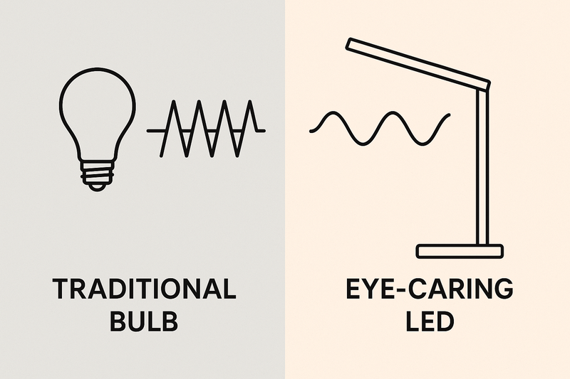 A diagram showing the harsh, flickering light waves of a traditional bulb versus the smooth, stable light wave from an eye-caring LED