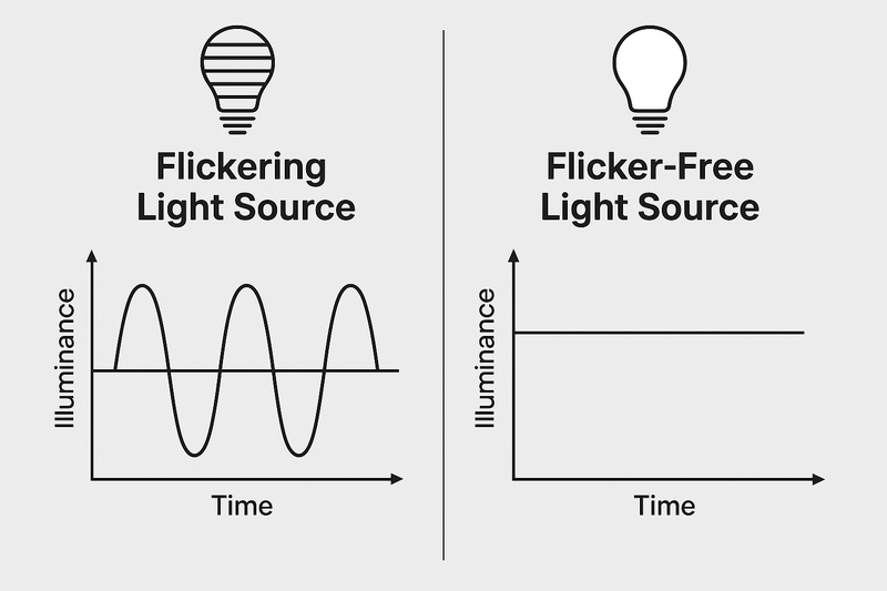 Diagram showing the difference between a flickering light source and a stable, flicker-free light source