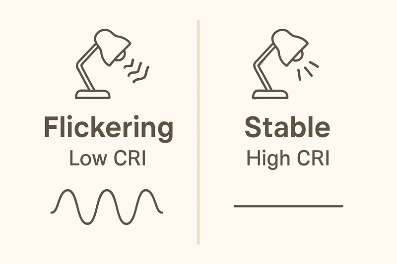 A graphic comparing a flickering, low-CRI light source to a stable, high-CRI light source