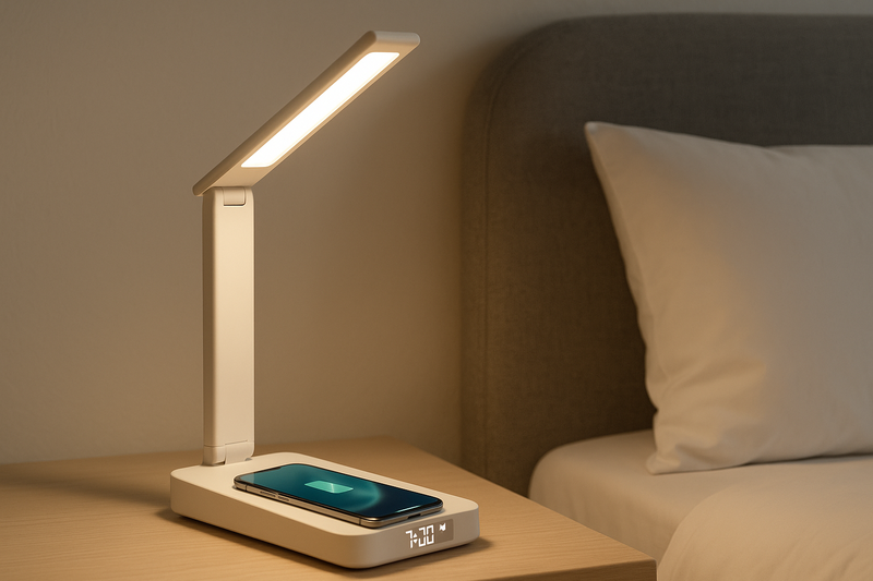 A foldable lamp on a nightstand, wirelessly charging a phone, with its display showing the alarm time