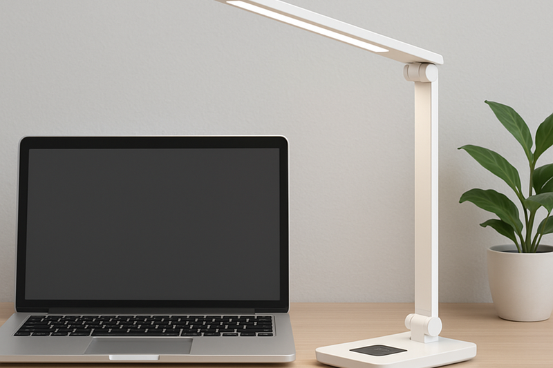 A modern, compact desk where a foldable LED lamp is positioned perfectly over a laptop, showcasing its flexibility