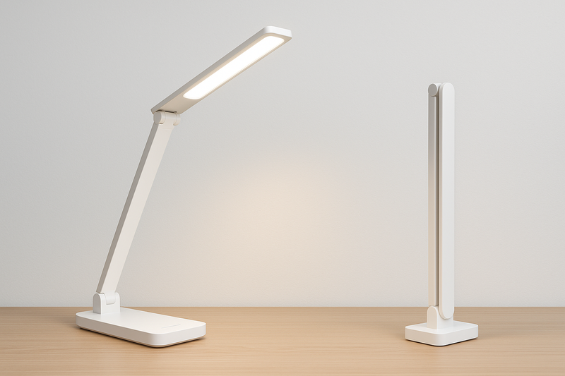 An LED desk lamp shown in two states: fully extended for use, and completely folded into a slim vertical stick to save space