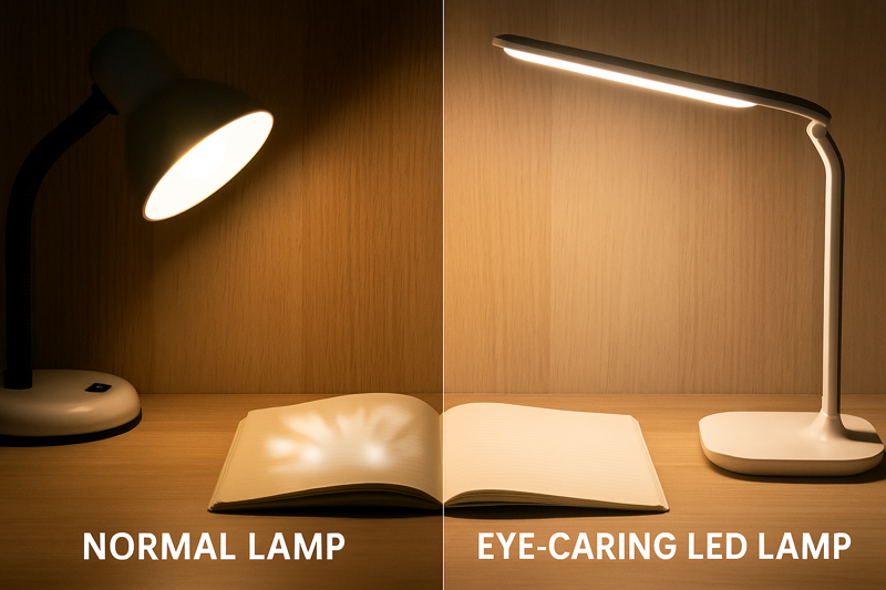 A split image showing the harsh glare from a normal lamp versus the soft, even light from an eye-caring LED lamp