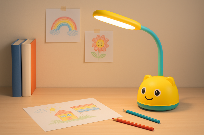 A colorful and friendly-looking LED desk lamp on a child's study desk next to books and drawings