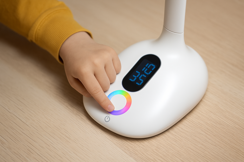 A close-up of a lamp base showing a child's finger using touch controls and a colorful clock display