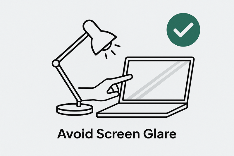 A diagram showing the correct placement of a desk lamp to the side of a laptop to avoid screen glare