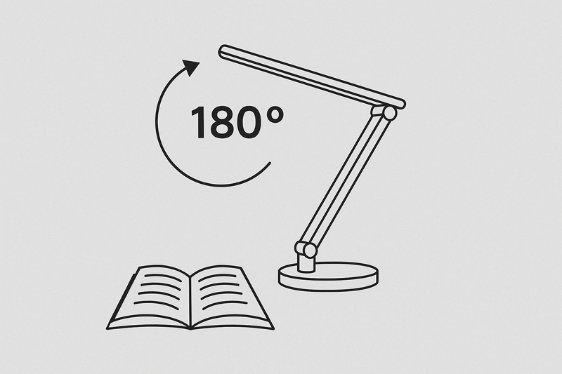 Diagram showing a lamp head rotating 180 degrees and folding to direct light onto a book