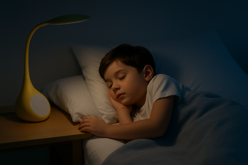 A child peacefully sleeping while their desk lamp, set on a timer, has just turned itself off