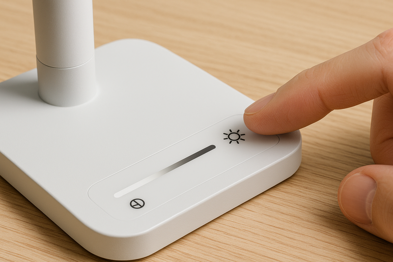 A user's finger sliding along a touch-sensitive bar on a lamp base to adjust brightness, with color temperature icons nearby